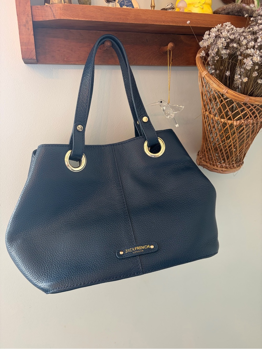 Navy Pebbled Leather Shoulder Bag with Gold Ring Accents